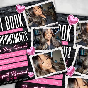 May include: A black and white graphic with pink hearts and the text "May I Book Your Appointments" and "Mother's Day Special". The graphic lists prices for frontal, closure, and t-part wig installs. The text "Deposit Required" and a website address are also included.