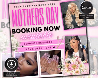 Mothers Day Booking Flyer, May Booking Flyer,  May Books open, Hair Braids Nails Lashes MUA Wig, Book Now Flyer, May Appointment Flyer