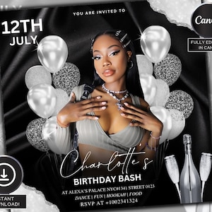 May include: Black and white birthday party invitation featuring a photo of a woman wearing a grey top and silver jewellery. The invitation includes the text "12th July", "Charlotte's Birthday Bash", and "RSVP at +1002341324".
