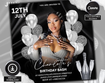 Black Silver Baddie Geburtstags-Bash-Flyer, bearbeitbar auf Canva, Partyeinladung, Bday Mädchen lädt ein, Diamanten, Event-Flyer, Lounge, Club-Geburtstag