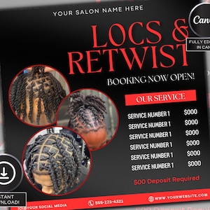 Locs and Styles flyer, Barbershop, Loc Retwist, Editable on canva, Hairstylist, dreadlocks, Retwist, Loctician, Locs special, Red, Book now