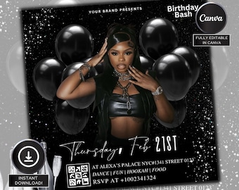 Black Baddie Geburtstags-Bash-Flyer, bearbeitbar auf Canva, Partyeinladung, Bday-Mädchen lädt ein, Diamanten, Event-Flyer, Lounge, Club-Geburtstagseinladung