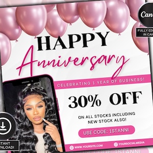 Folheto de aniversário empresarial, folheto de aniversário de peruca, cílios, cabelo, unha, folheto de aniversário de CEO, folheto de celebração, folheto de venda de aniversário empresarial Canva