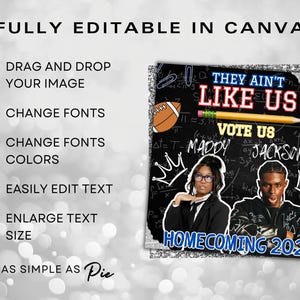 May include: A black and white chalkboard with the text "They Ain't Like Us" and "Vote Us Maddy Jackson" with two people in front of it. The chalkboard has a crown on each side and the text "Homecoming 2025" at the bottom.