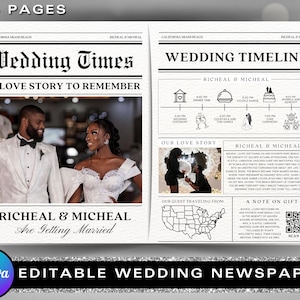 May include: A two-page wedding newspaper design with the headline "Wedding Times" and "Wedding Timeline." The first page features a photo of a couple. The second page includes a wedding timeline, a map, and a QR code. The text "EDITABLE WEDDING NEWSPAPER" is at the bottom.