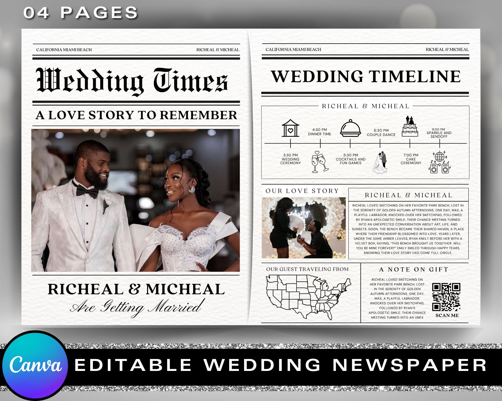 Wedding Newspaper Template with Photo, Wedding Newspaper Template, Wedding Program, Newly wed Times, Editable Newspaper Itinerary, Marriage