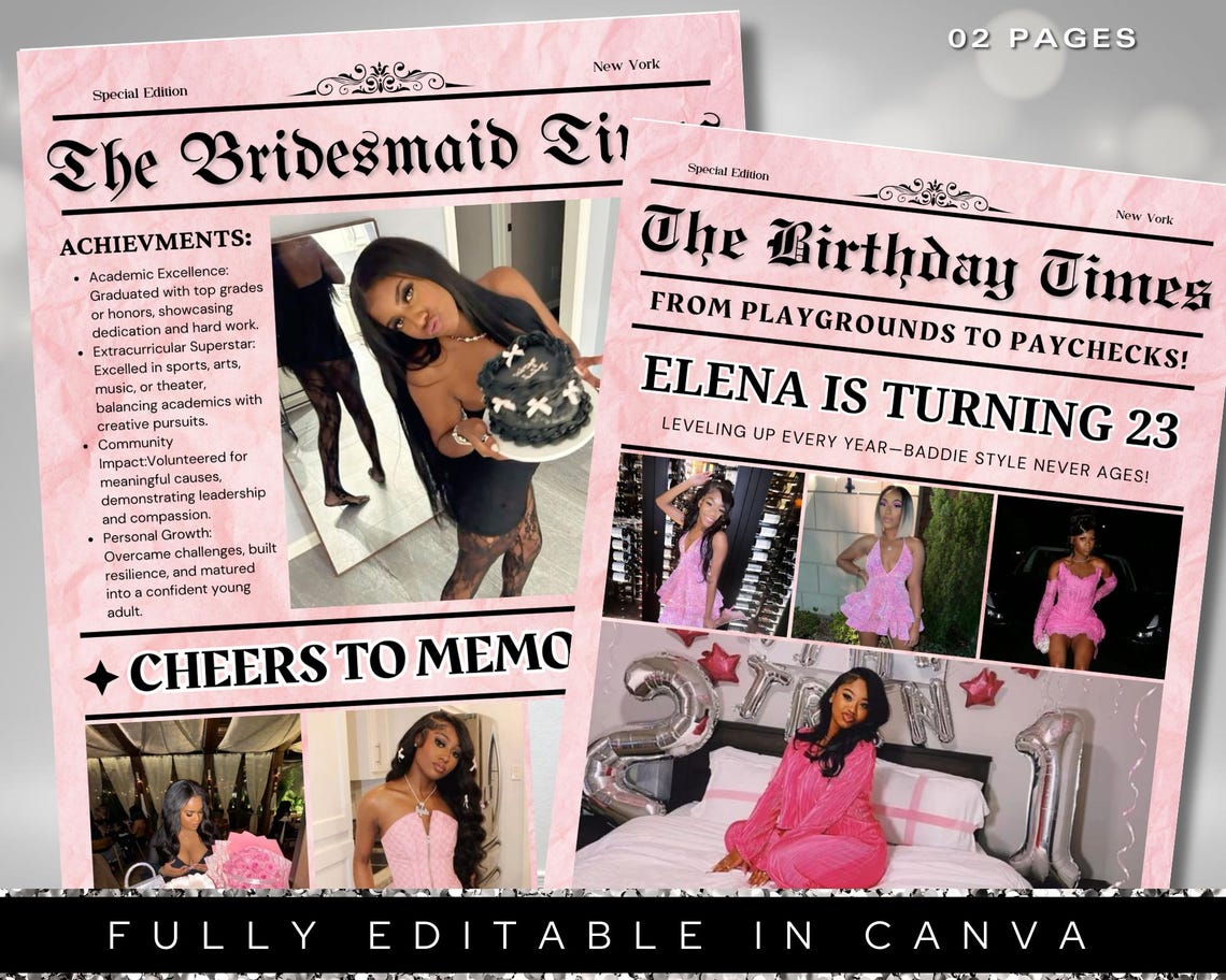 Pink Birthday Newspaper Canva Template, Birthday Newspaper Template ...