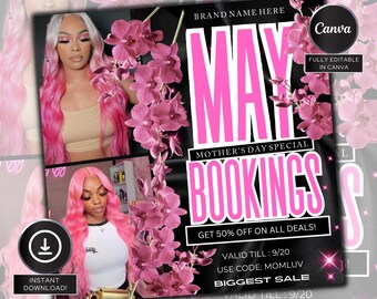 Mothers Day Booking Flyer, May Booking Flyer,  May Books open, Hair Braids Nails Lashes MUA Wig, Book Now Flyer, May Appointment Flyer