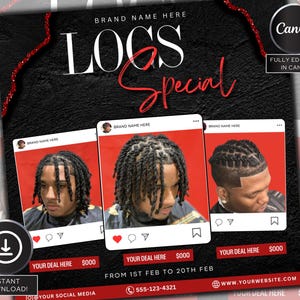 Locs and Styles flyer, Barbershop, Loc Retwist, Editable on canva, Hairstylist, dreadlocks, Retwist, Loctician, Locs special, Red, Book now