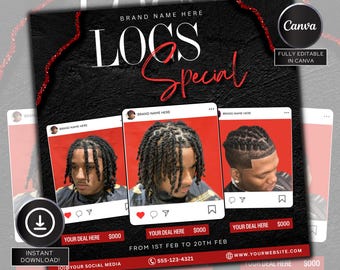 Locs and Styles flyer, Barbershop, Loc Retwist, Editable on canva, Hairstylist, dreadlocks, Retwist, Loctician, Locs special, Red, Book now