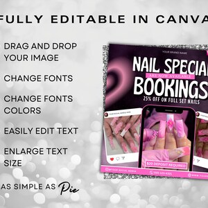 May include: A pink and black social media graphic with the text "Nail Special Bookings Are Now Available 25% Off On Full Set Nails" and a photo of pink and white nail designs.