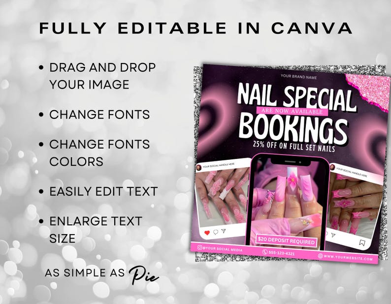 May include: A pink and black social media graphic with the text "Nail Special Bookings Are Now Available 25% Off On Full Set Nails" and a photo of pink and white nail designs.