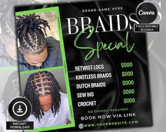Puede incluir: Un folleto negro y verde con el texto "BRAIDS Special" en blanco. El folleto enumera diferentes tipos de trenzas y sus precios. También se incluye el texto "NO DEPOSIT REQUIRED" y "BOOK NOW VIA LINK". El folleto tiene un fondo negro con una textura sedosa.