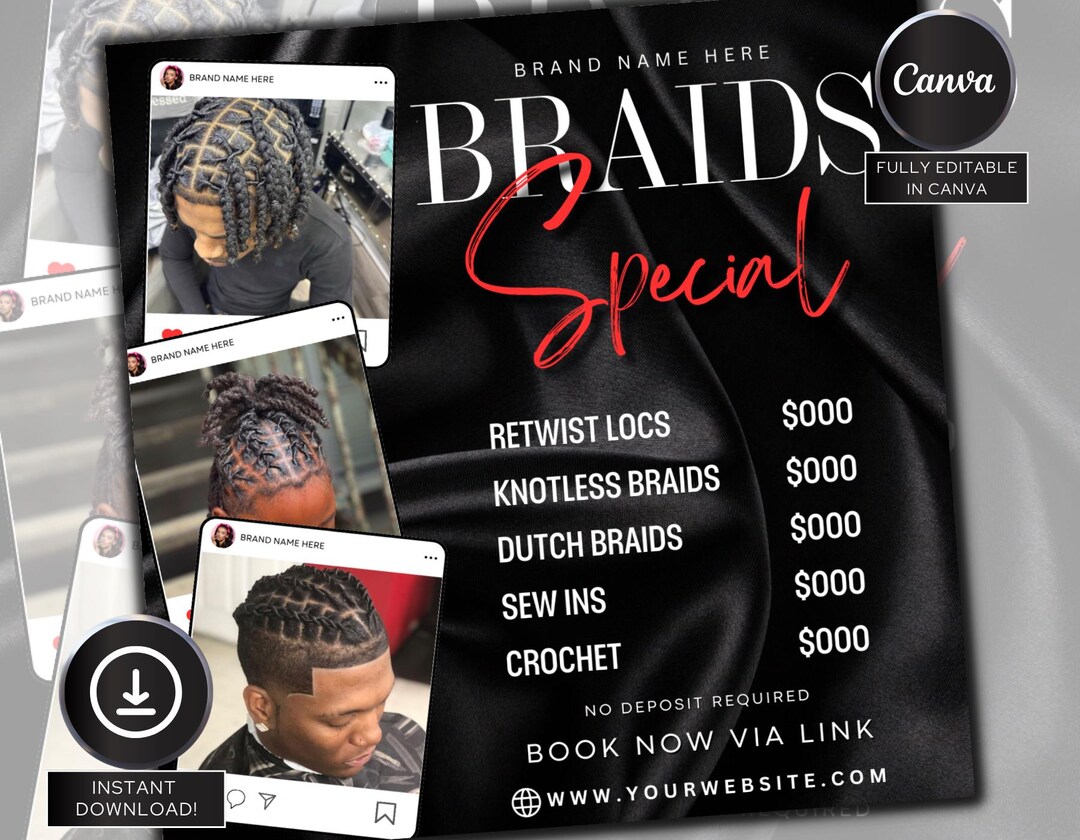 Men's Stitch Braids Flyer, DIY Flyer Template Design, Braids Booking ...