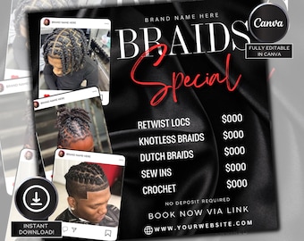 Men's Stitch Braids Flyer, DIY Flyer Template Design, Braids Booking Specials Flyer, Male Hair Stylist Flyer, Premade Braids Services Flyer