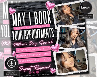 Mothers Day Booking Flyer, May Booking Flyer,  May Books open, Hair Braids Nails Lashes MUA Wig, Book Now Flyer, May Appointment Flyer