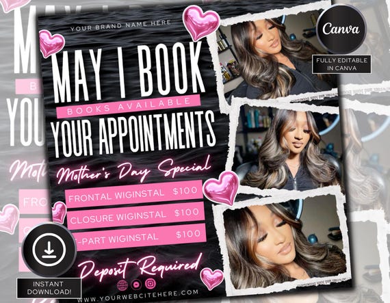 Mothers Day Booking Flyer, May Booking Flyer,  May Books open, Hair Braids Nails Lashes MUA Wig, Book Now Flyer, May Appointment Flyer