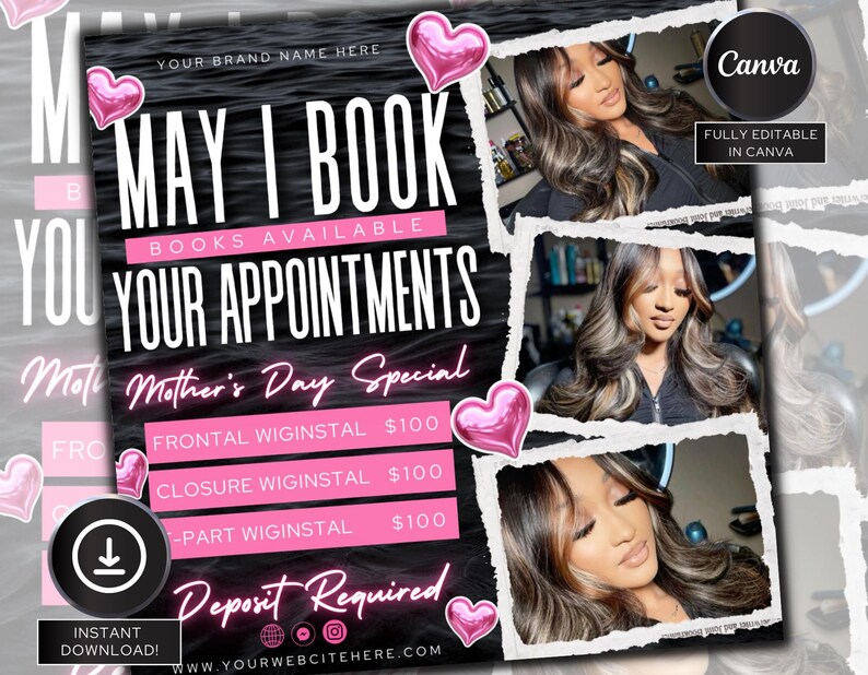 Mothers Day Booking Flyer, May Booking Flyer,  May Books open, Hair Braids Nails Lashes MUA Wig, Book Now Flyer, May Appointment Flyer