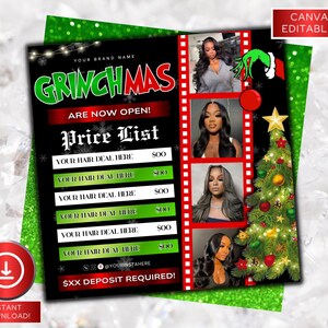 May include: A black and green Grinchmas price list with a Christmas tree and images of women's hairstyles. The text includes "Grinchmas", "Price List", and "Instant Download!" in a festive design.