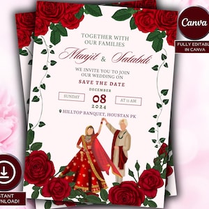 May include: Wedding invitation with a floral design, featuring a couple in traditional dress. The invitation includes the names "Manjit & Satabdi", the date "December 08, 2024", and the time "11 AM". The text "Instant Download" is also visible, along with "Fully Editable in Canva".