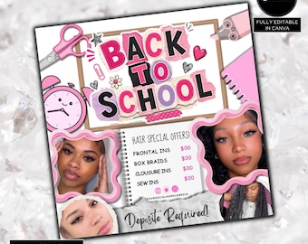 Back To School Flyer, Hair Deals Flyer, August Booking flyer, DIY canva template, Back 2 School Flyer, Braid Special Flyer