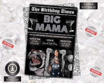 Invitación de cumpleaños para chicas con estampado de guepardo de Big Mama, editable, para cena y bebida, Canva editable