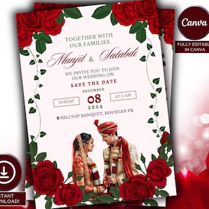 Indian Wedding Invitation Illustration Hindu Digital Invitation Hindu Wedding Couple Indian Graphic Shaadi Digital Muslim Template Canva