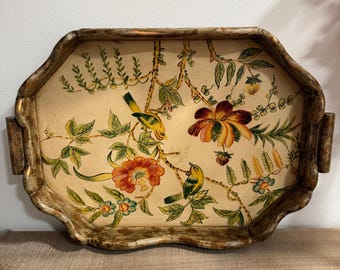 Bandeja de servir vintage pintada a mano estilo florentino / Madera festoneada dorada / Decoración botánica de aves y flores / Chinoiserie de mediados de siglo