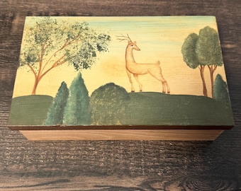 Vintage handgeschilderde houten dominodoos met nieuwe dominostenen - Susie Saunders Folk Art Deer Design - Tole Painted Game Set