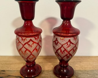 Vintage Bohemian Ruby Red Cut-to-Clear Glass Candlestick Holders - Set of 2, Etched Lattice Trellis Design, Mid-Century Czech Art Glass, 8-I