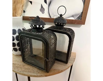 JHY DESIGN Dekoracyjne lampiony na świece, zestaw 2 sztuk, 10" H, wiszące lampiony w stylu vintage...