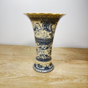 Vintage Victoria Ware Ironstone Blue and White Vase, Large 10" Flared Porcelain Floral Toile Vase with Birds and Roses, Shabby Chic Chinoise