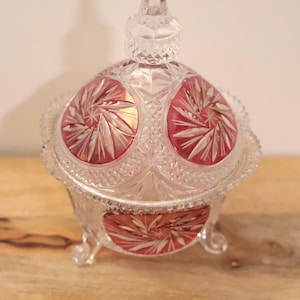 Vintage Anna Hütte Bleikristall Lead Crystal Candy Dish with Lid | Ruby Flash Red Overlay Starburst Bonbonniere | 3-Legged Footed Cut Glass