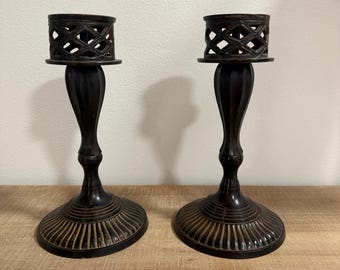 Vintage Pair of Dark Bronze Candle Holders - Art Deco Fluted Candlesticks with Ornate Lattice Detail - Elegant Antique Home Decor - Set of 2