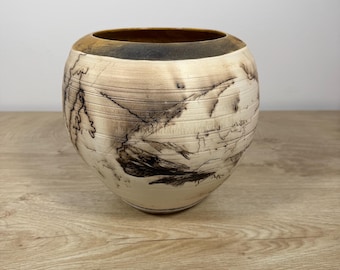 Vaso vintage de cerâmica Raku de 20 cm com crina de cavalo - Estilo nativo americano do sudoeste americano - Tigela de cerâmica cor gengibre defumado com borda dourada