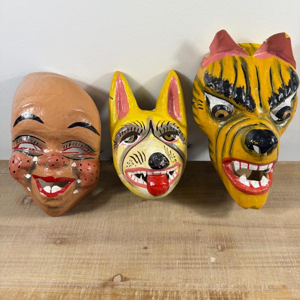 Vintage Mexican Folk Art Masks - Set of 3 Colorful Papier-Mâché Ceremonial Dance Masks - Guerrero Style El Tigre, Dog & Character Mask - Rus