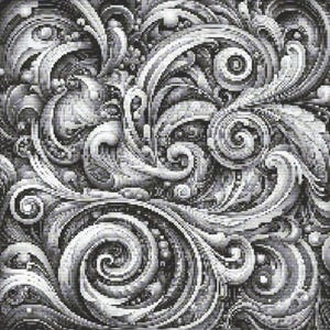 Op de afbeelding: Een gedetailleerde grijswaardenafbeelding met een sierlijk, wervelend patroon. Het ontwerp bevat een complexe opstelling van gestileerde bladeren, krullen en bloemmotieven, waardoor een getextureerd, driedimensionaal effect ontstaat. Het kunstwerk doet denken aan klassieke architectonische ornamentiek.