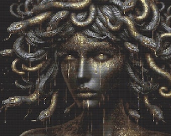 May include: A digital painting of Medusa, a mythical Greek figure with snakes for hair. Her face is pale and her eyes are piercing. The snakes are gold and black and are intertwined around her head. The background is black.