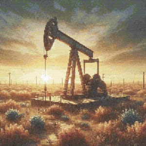May include: Digital artwork of an oil pump jack in a desert setting at sunset. The pump jack is the central element, set against a backdrop of a golden sky and sparse vegetation. The artwork evokes the American Southwest, with a warm, earthy colour palette.