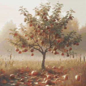 May include: A digital painting of an apple tree laden with red apples. The tree stands in a field with fallen apples and leaves. The artwork has a soft, warm color palette, evoking a sense of autumn and harvest.