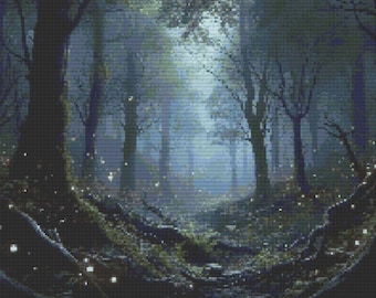 Enchanted Forest Cross Stitch Pattern – Fireflies, Magical Fairytale (PDF Download)