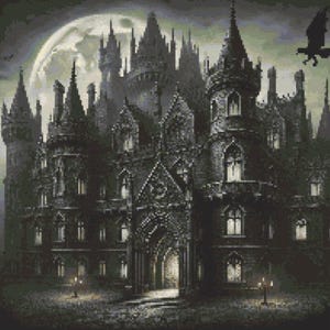 Dark Castle - kruissteekpatroon, pdf direct download, gotisch, x-steekpatroon, handborduurpatroon, DMC, Aida, fantasie, zwart