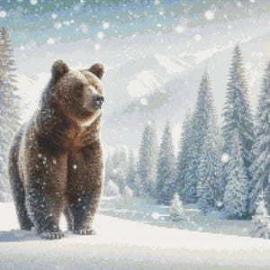 May include: A digital art print depicting a brown bear in a snowy forest. The bear is dusted with snowflakes, set against a backdrop of snow-covered evergreen trees and mountains. The artwork has a pixelated, painterly style, creating a winter scene.