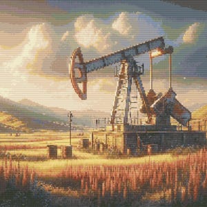 May include: A rusty oil derrick pump jack in a field at sunset. The pump jack is silhouetted against a cloudy sky.