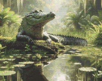 Alligator in Swamp Cross Stitch Pattern – Nature Embroidery (PDF Download)