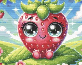 Cute Animated Strawberry Cross Stitch Pattern – Colorful Embroidery (PDF Download)