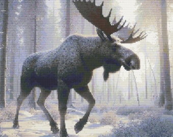 Moose in Snowy Forest Cross Stitch Pattern - Detailed Winter Wildlife (Digital Download)