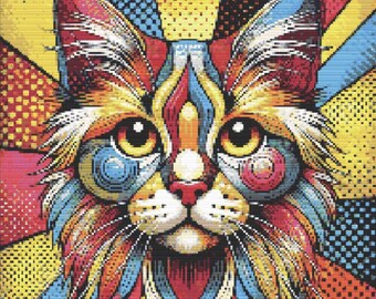 Colorful Cat Cross Stitch Pattern – Modern Animal Embroidery (PDF Pattern)