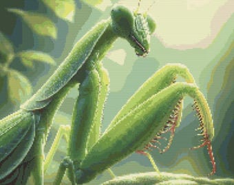 Patrón de punto de cruz de mantis religiosa - Diseño detallado del insecto (Descarga digital)