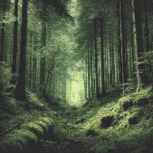 May include: A verdant forest with tall trees and a path leading into the distance. Sunlight filters through the leaves, creating a dappled effect on the forest floor.